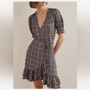Boden Jersey Knit Stretch True Wrap Floral Ruffle Fall Dress Size 10